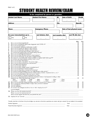 Student Health Review Exam Form