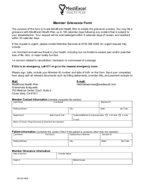 MediExcel Health Plan Grievance Form