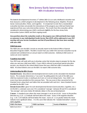 New Jersey Early Intervention BDI-2 Evaluation Summary