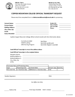 Copper Mountain College Transcript Request Form