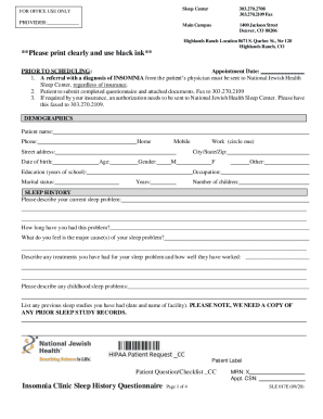 Insomnia Clinic Sleep History Questionnaire