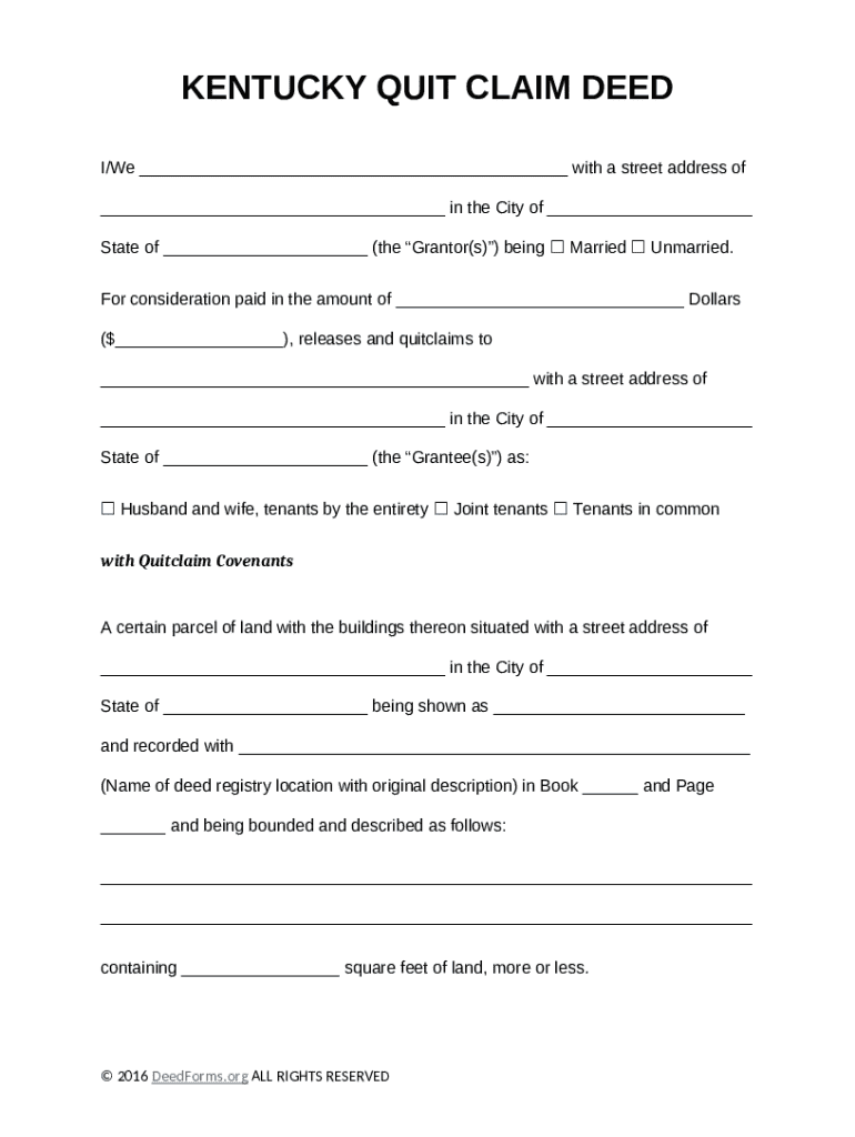 Kentucky Quit Claim Deed - Blank Fillable Template | Fill Out, Print ...