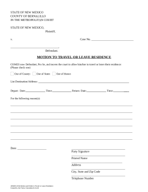 New Mexico Motion to Travel or Leave Residence