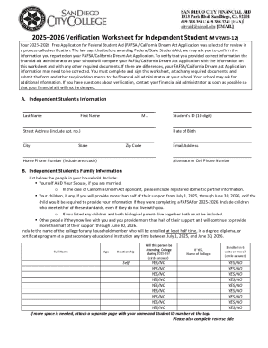2025-2026 Verification Worksheet for Independent Student