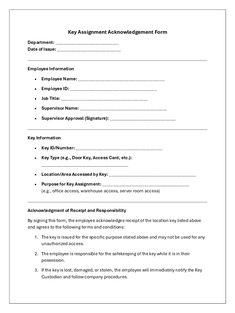 Key Assignment Acknowledgement Form - Blank Fillable Template | Fill ...