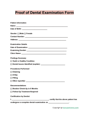 Proof of Dental Examination Form