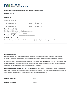 Child Care Grant School-Aged Hours Verification