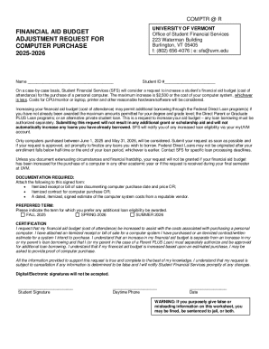 University of Vermont Computer Purchase Financial Aid Budget Adjustment Request