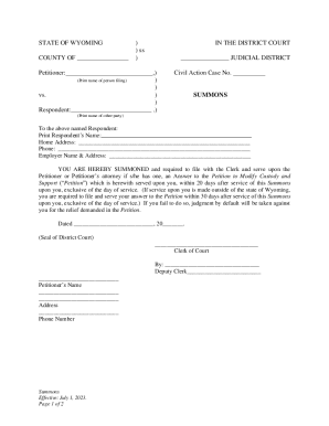 Wyoming Summons for Custody and Support Modification