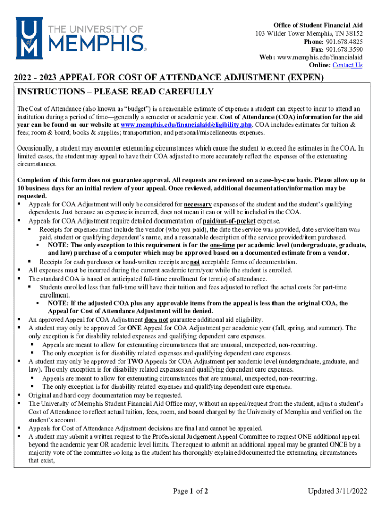 2022-2023 Cost of Attendance Adjustment Appeal Form - Blank Fillable ...