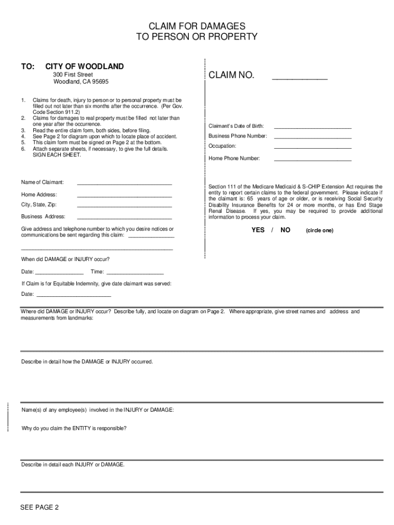 California Claim for Damages to Person or Property - Blank Fillable ...