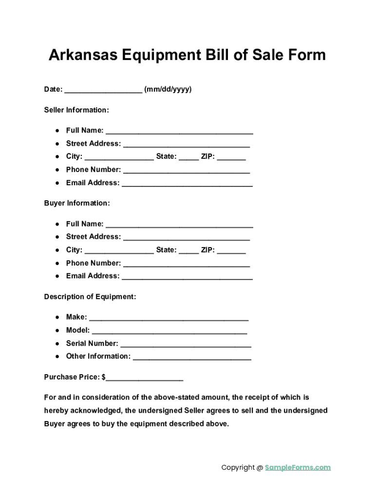 Arkansas Equipment Bill of Sale Form Preview on Page 1