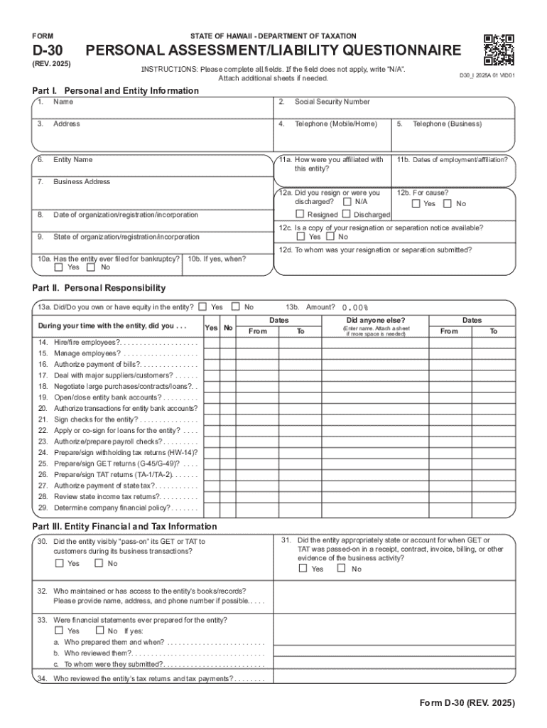 D 30 Form.pdf Hawaii D-30 Personal Assessment/Liability Questionnaire - Blank ...