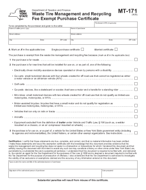 Form MT-171 Waste Tire Management and Recycling Fee Exempt Purchase Certificate Revised 9/25