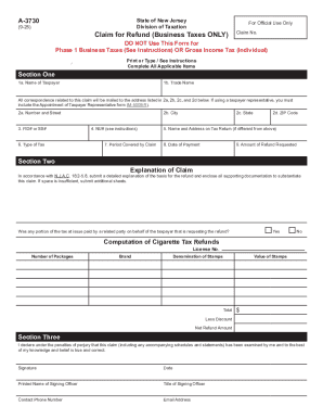 Claim for Refund (Business Taxes Only), Form A-3730
