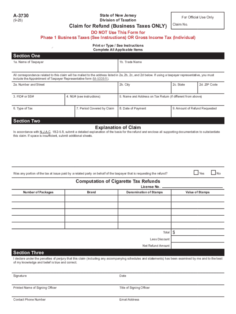 Claim for Refund (Business Taxes Only), Form A-3730 Preview on Page 1