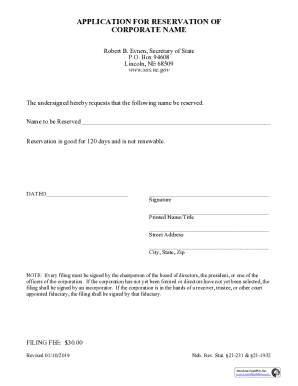 Nebraska Corporate Name Reservation Application