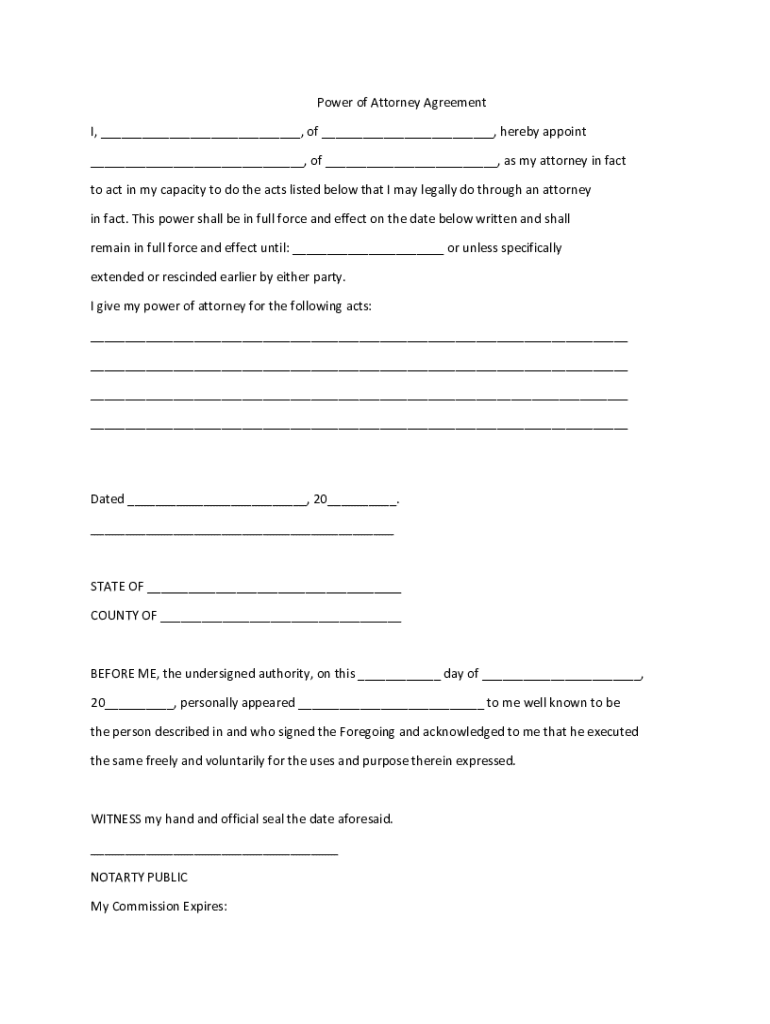 Power of Attorney Agreement - Blank Fillable Template | Fill Out, Print ...