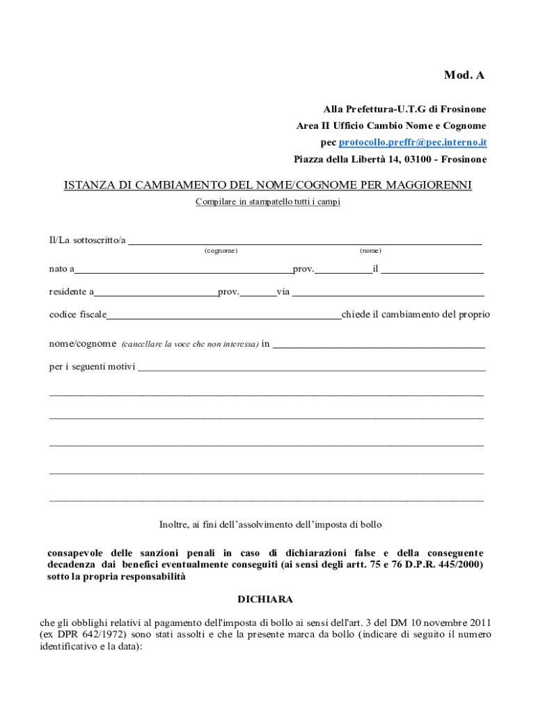 Italy Name Change Request Form Preview on Page 1