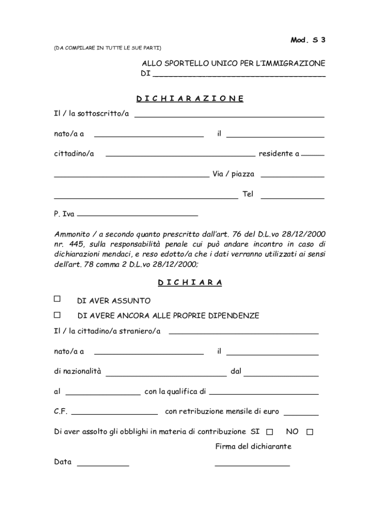 Declaration of Employment of Foreign Worker Preview on Page 1