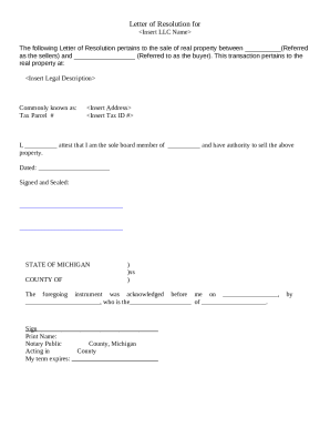 Letter of Resolution for Property Sale