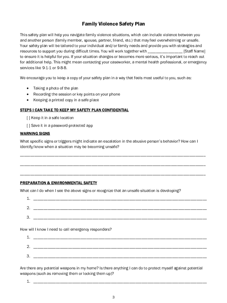 Family Violence Safety Plan Template Blank Fillable Template Fill