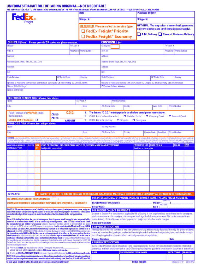 FedEx Freight Bill of Lading Preview on Page 1