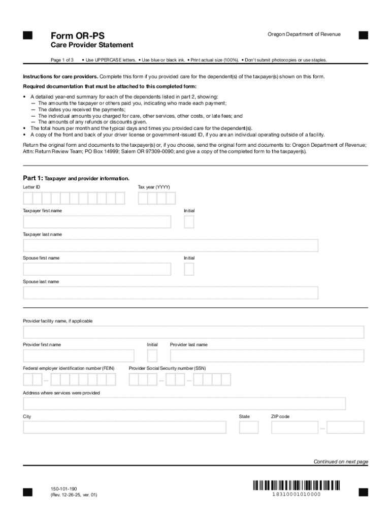 Form OR-PS, Care Provider Statement, 150-101-190 Preview on Page 1