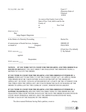 New York Paternity Order of Filiation