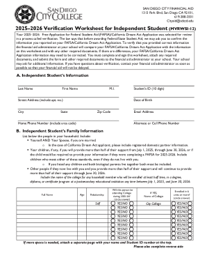 2025–2026 Verification Worksheet for Independent Student