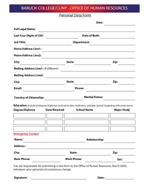 Baruch College CUNY Personal Data Form