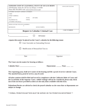 California Court Request to Calendar Criminal Case Form
