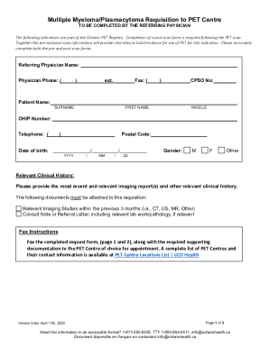 Multiple Myeloma/Plasmacytoma PET Requisition Form