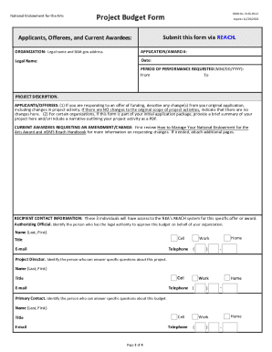 National Endowment for the Arts Project Budget Form