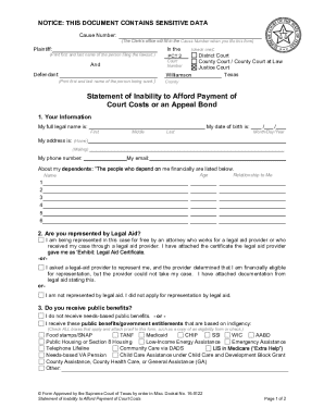Texas Statement of Inability to Afford Court Costs