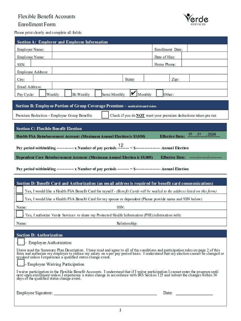 Flexible Benefit Accounts Enrollment Form - Blank Fillable Template ...