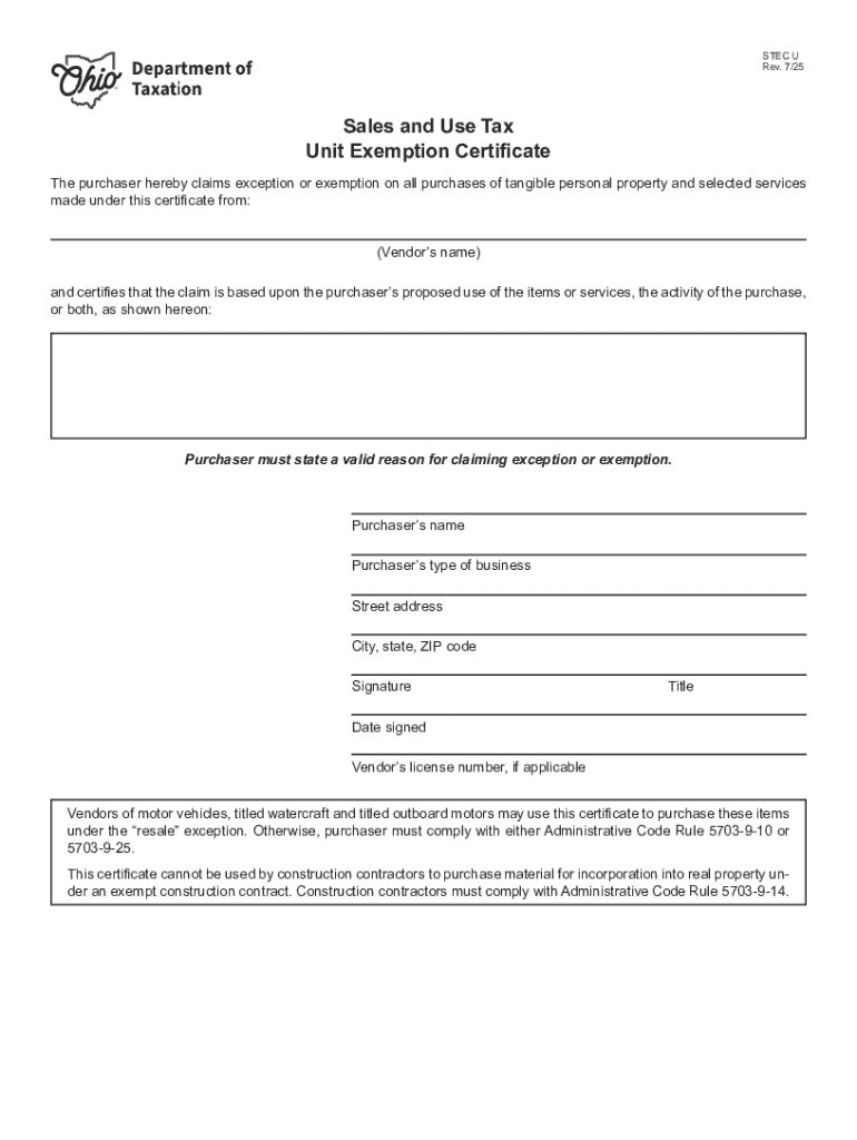 Ohio Sales and Use Tax Unit Exemption Certificate Preview on Page 1