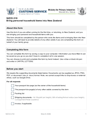 NZCS 218 Personal Household Items Declaration