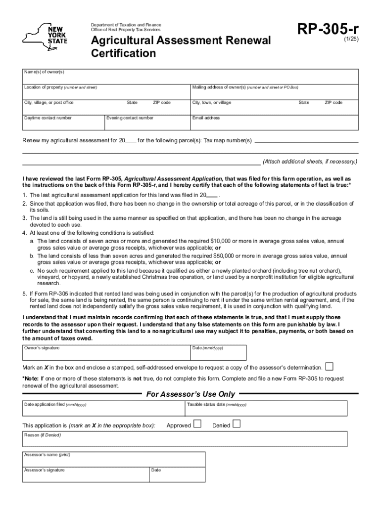 Form RP-305-R Agricultural Assessment Renewal Certification Revised 1 25 Preview on Page 1