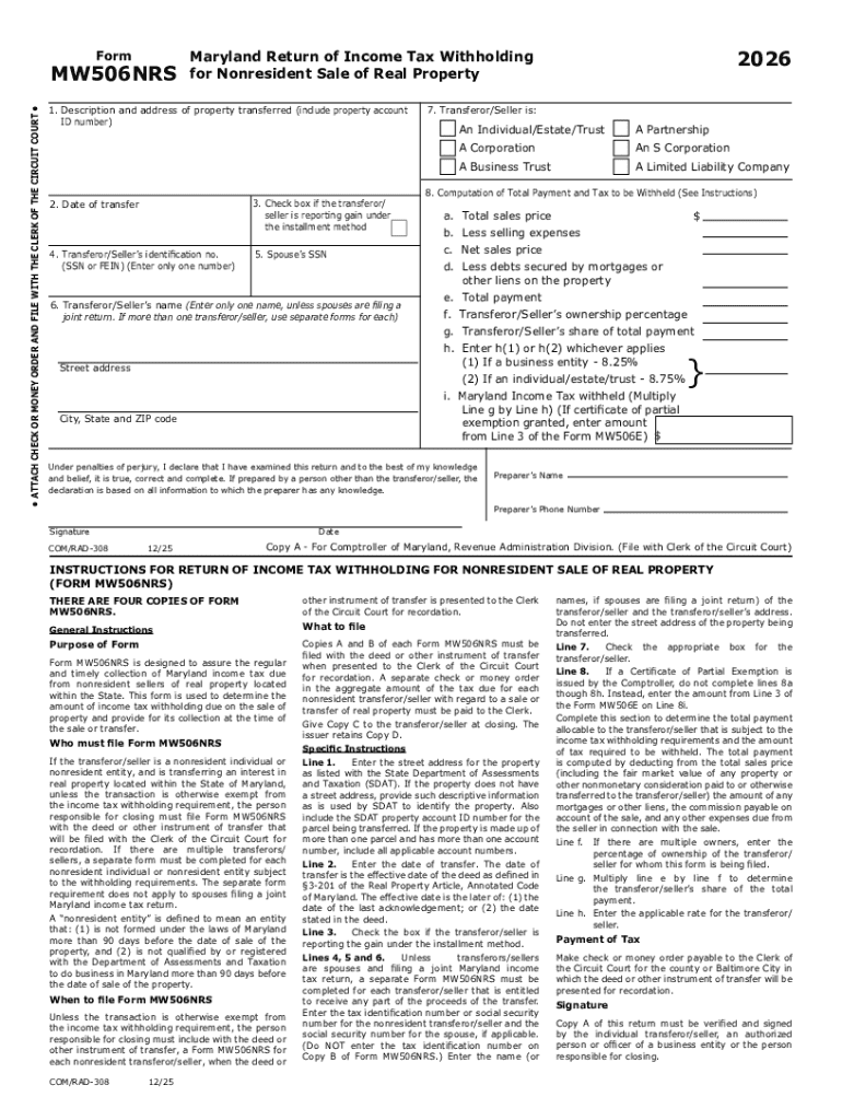 2026 Form MW506NRS Maryland Return of Income Tax Withholding for Nonresident Sale of Real Property Preview on Page 1