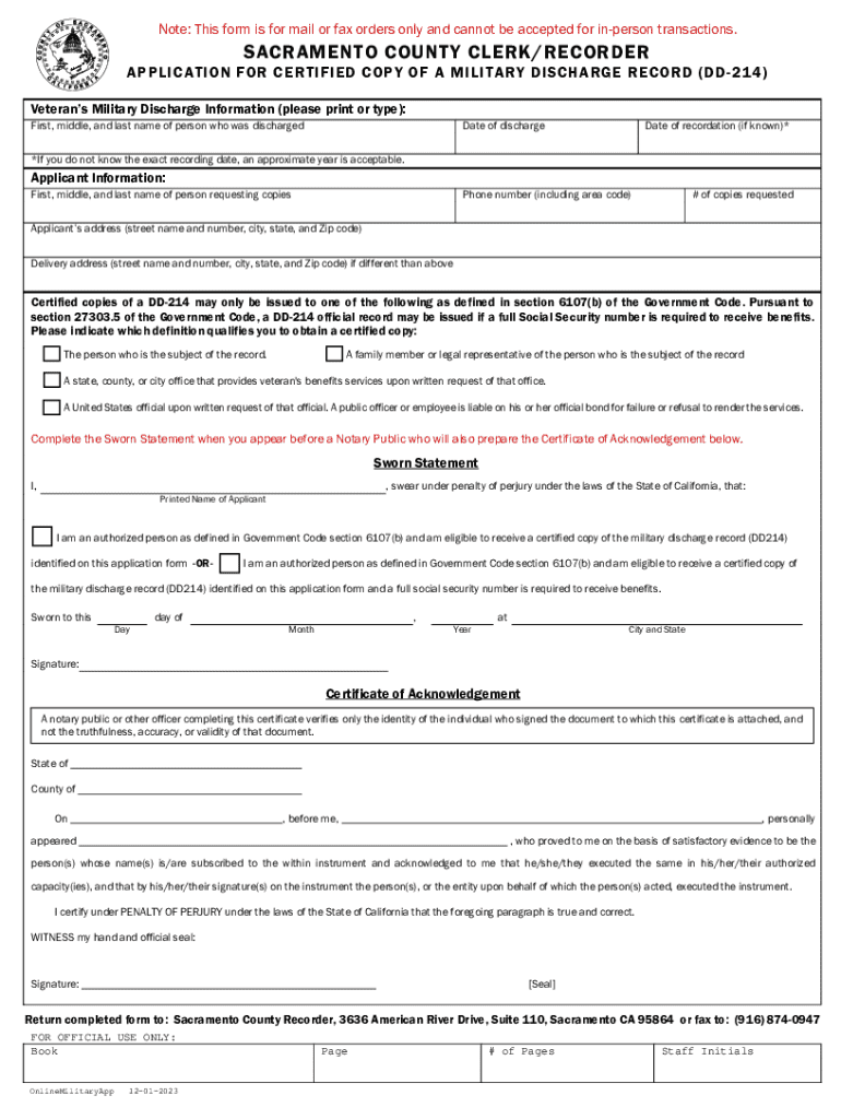 Application for Certified Copy of Military Discharge Record (DD-214 ...