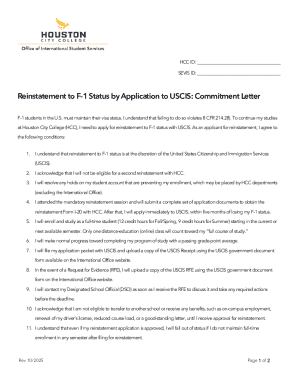 F-1 Status Reinstatement Commitment Letter