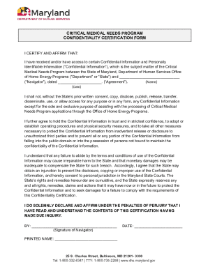 Critical Medical Needs Program Confidentiality Certification Form