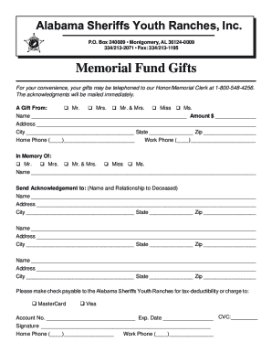 Alabama Sheriffs Youth Ranches Memorial Fund Gift Form