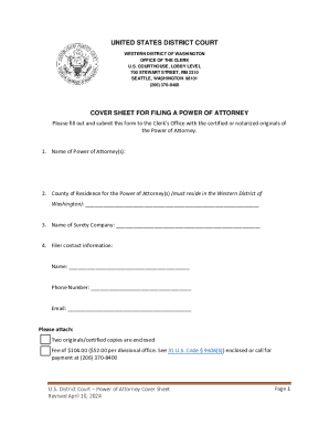 US District Court Power of Attorney Cover Sheet