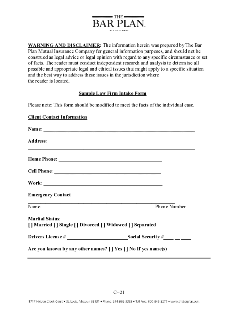 Law Firm Client Intake Form - Blank Fillable Template | Fill Out, Print ...