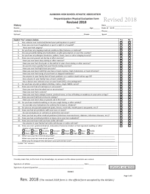 Alabama High School Athletic Association Preparticipation Physical Evaluation Form
