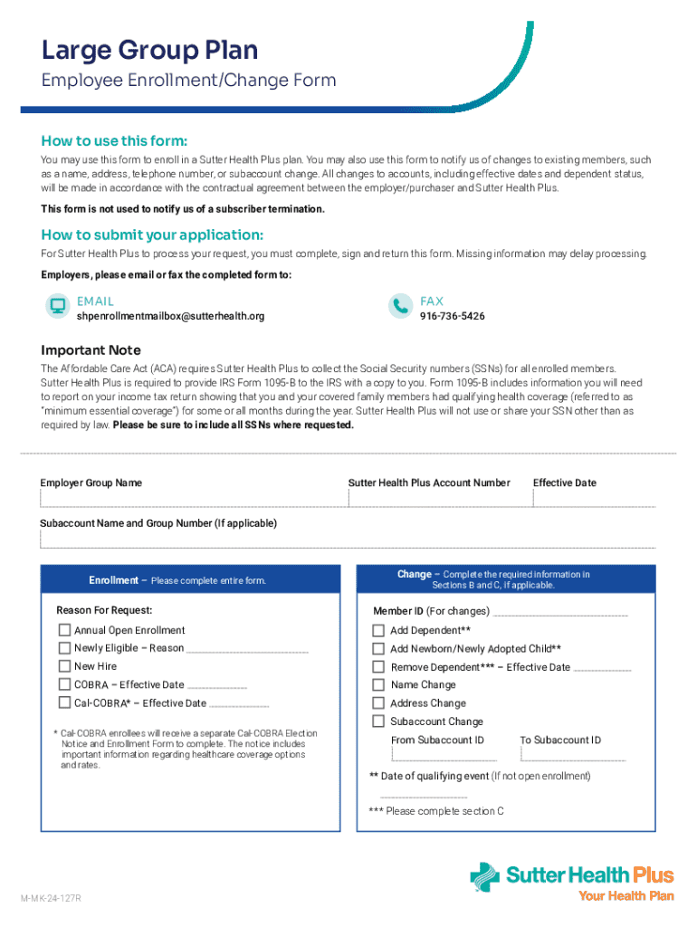 Sutter Health Plus Employee Enrollment/Change Form - Blank Fillable ...
