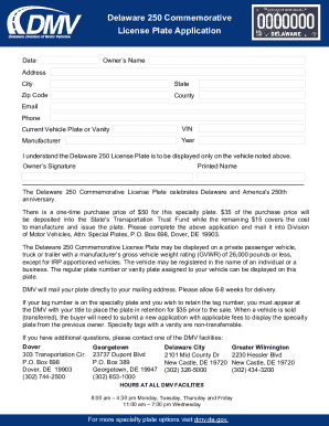 Delaware 250 Commemorative License Plate Application