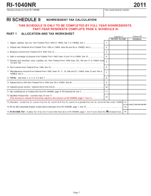 Rhode Island Nonresident Tax Form RI-1040NR 2011